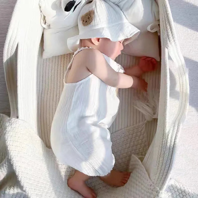 2PCS Summer Baby Clothes Set With Cap Toddler One Piece Cute Bear Sling Romper Fisherman Hat Infant Girl Boy Jumpsuit Outfit