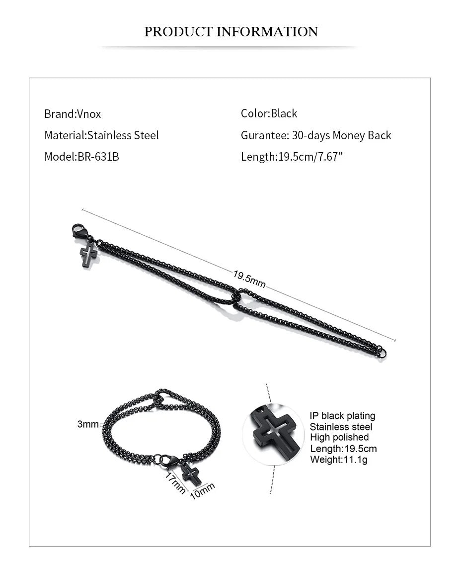 Vnox Einfache, geschichtete 3mm Rolo-Kettenarmbänder für Herren, rundes Kettenglied mit Kreuz-Anhänger, Armband, Christusgebet, Vintage-Freizeitgeschenk