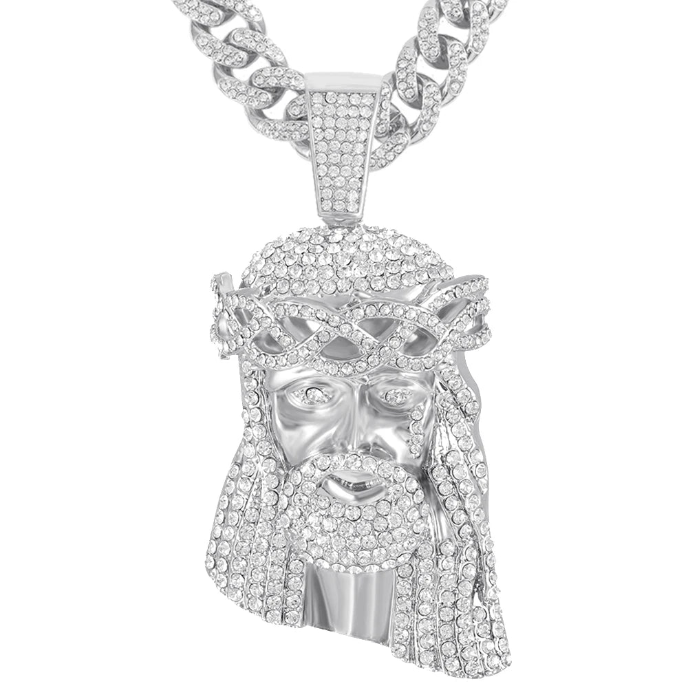 Iced Out Jesus Christus Kopf Anhänger Strass Halskette mit 13mm Miami Cuban Gliederkette Hip Hop Stil für Herren Damen Geschenk
