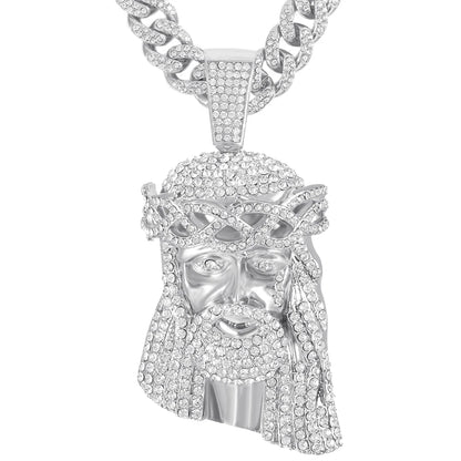Iced Out Jesus Christus Kopf Anhänger Strass Halskette mit 13mm Miami Cuban Gliederkette Hip Hop Stil für Herren Damen Geschenk