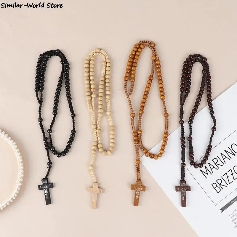 Christus Jesus Holzperlen 9mm Rosenkranzperle Kreuz Anhänger Geflochtenes Seil Halskette Religiöse Orthodoxe Gebetskette Schmuck