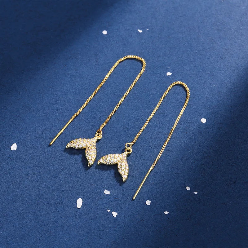925 Silver Needle Tassel Chain Zircon Mermaid Tail Drop Earring For Women Hanging Party Jewelry Gifts eh1441