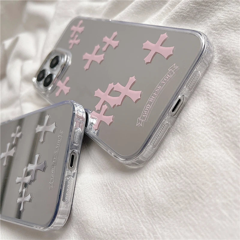 Luxury Makeup Mirror Jesus Christ Cross Phone Case For iPhone 11 13 12 14 Pro Max iPhone 15 pro max cases Cute Hard Back Cover