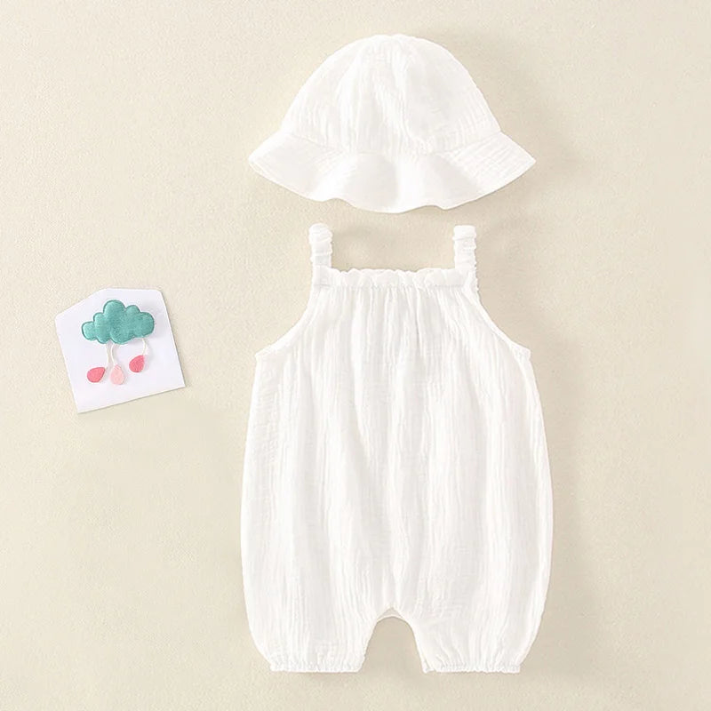 2PCS Summer Baby Clothes Set With Cap Toddler One Piece Cute Bear Sling Romper Fisherman Hat Infant Girl Boy Jumpsuit Outfit