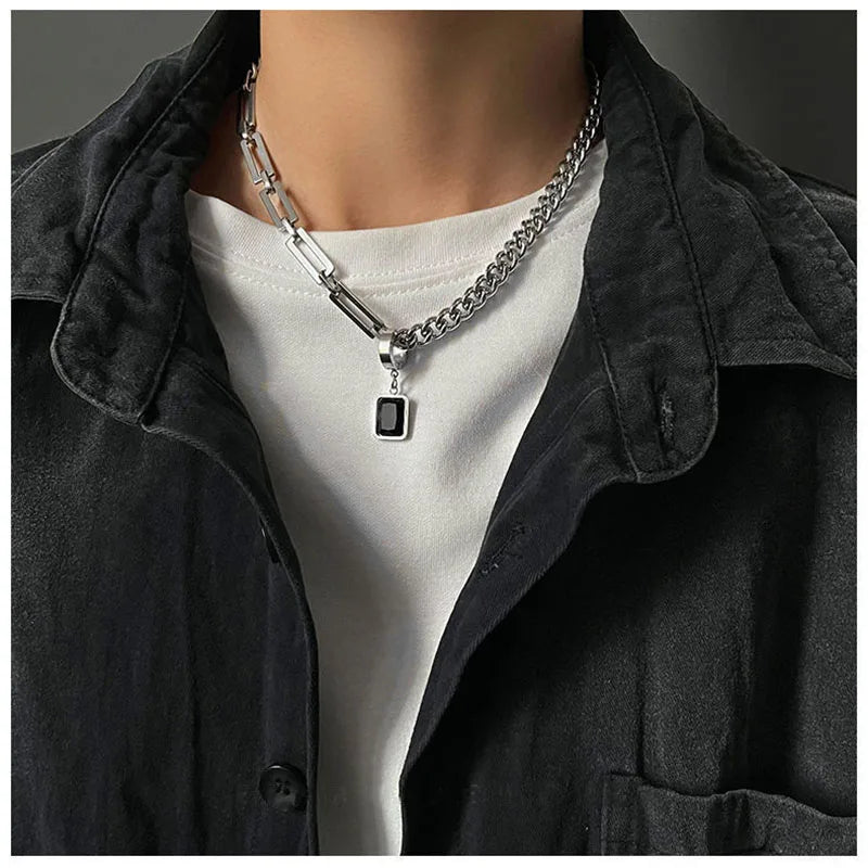 Edelstahl Cuban Gliederkette Halskette für Herren Schwarz Quadrat Anhänger Halskette Herren Halsketten Coole Hip Hop Halskette Neu