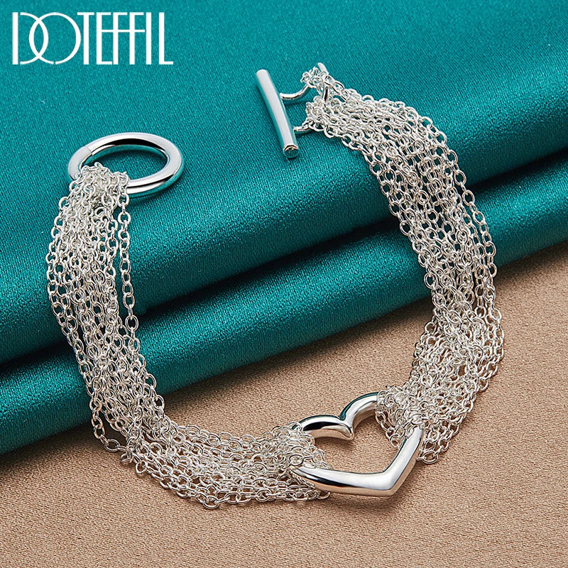 DOTEFFIL 925 Sterling Silver Multi-Line Chain Heart Necklace Bracelet Network Ring  For Women Wedding Engagement Party Jewelry