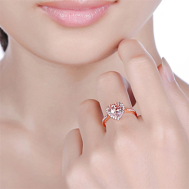Heart Rings for Women Wedding Engagement Bridal Jewelry Cubic Zirconia Stone Elegant Rose Gold Silver Ring