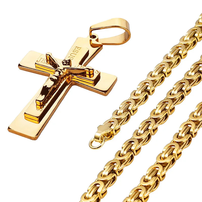 Katholische Jesus Christus Kreuz Anhänger Halskette Edelstahl Lange Byzantinerkette Kruzifix Kreuz Halskette