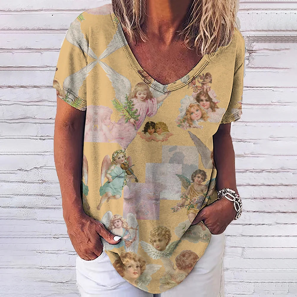 3D Printed T Shirts for Women Summer V-Neck Short Sleeved Tee Vintage Jesus Christ Women's T-Shirt Casual Streetwear Top Shirt