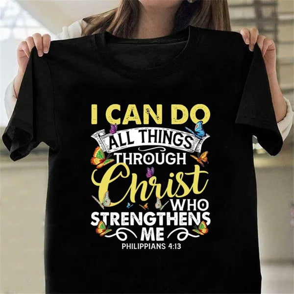 Ich kann alles durch Christus tun, Druck Frauen T-Shirt Kurzarm O-Neck Loose Frauen T-Shirt Damen T-Shirt Camisetas Mujer
