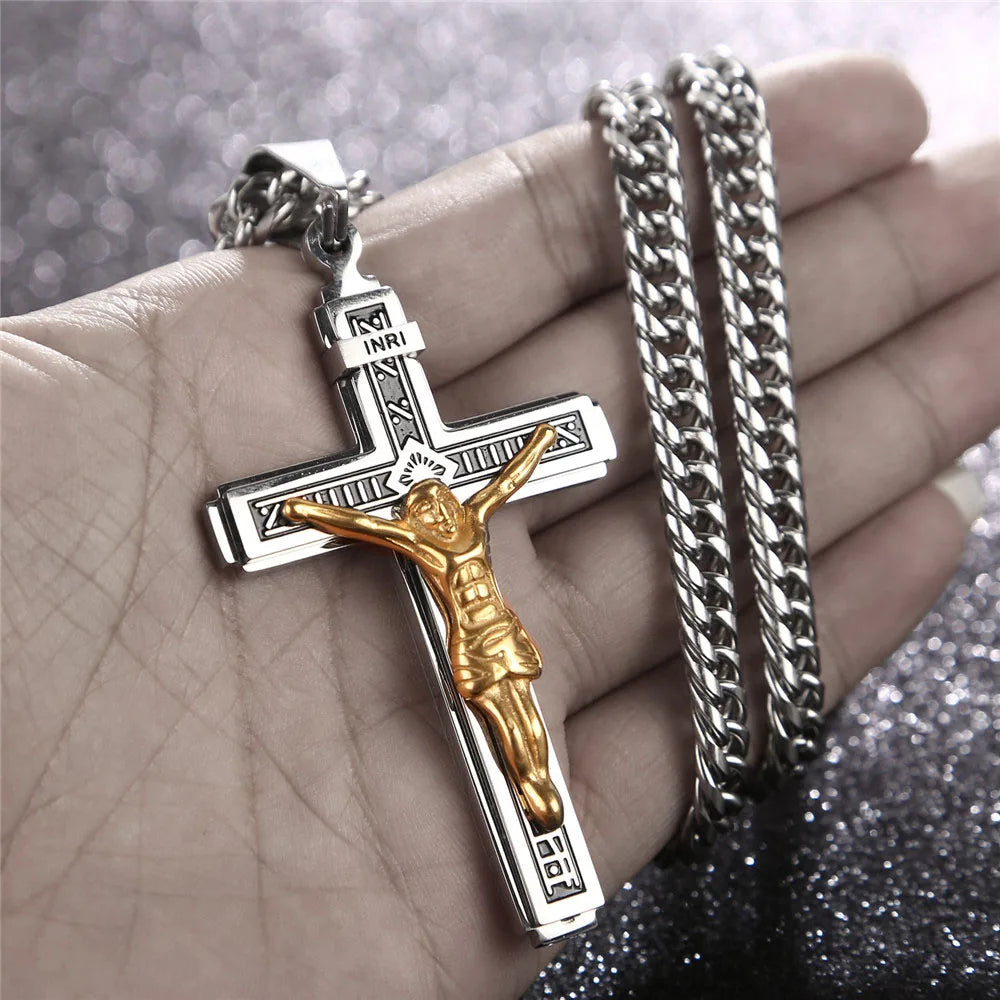 316L Edelstahl Charm Mode Kruzifix Jesus Kreuz Halskette Anhänger Mehrlagige Jesus Christus Kruzifix Halsketten 24''