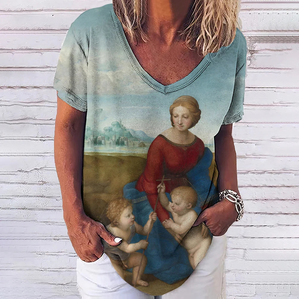 3D Printed T Shirts for Women Summer V-Neck Short Sleeved Tee Vintage Jesus Christ Women's T-Shirt Casual Streetwear Top Shirt