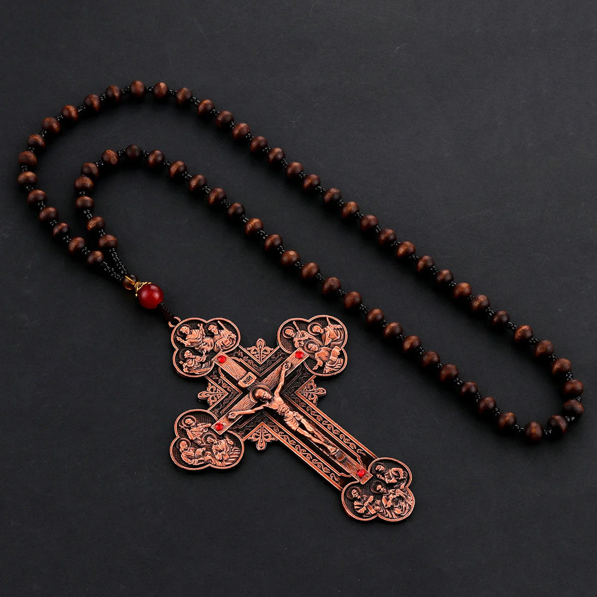Diyalo Katholisches Metallkruzifix Jesus Christus Kreuz Anhänger Halskette Rosenkranz Holzkugeln Kette Halskette Damen Herren Schmuck Geschenk