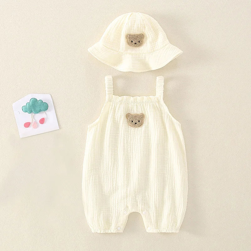 2PCS Summer Baby Clothes Set With Cap Toddler One Piece Cute Bear Sling Romper Fisherman Hat Infant Girl Boy Jumpsuit Outfit