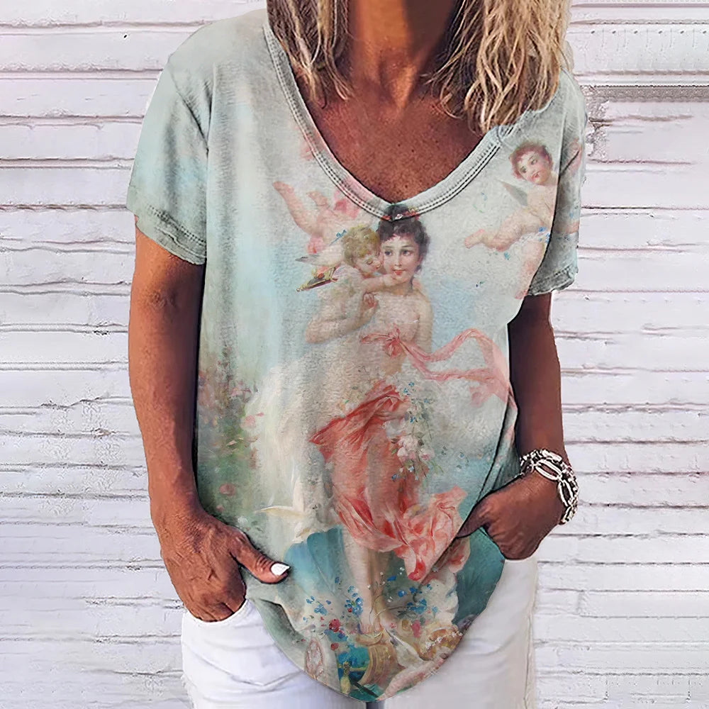 3D Printed T Shirts for Women Summer V-Neck Short Sleeved Tee Vintage Jesus Christ Women's T-Shirt Casual Streetwear Top Shirt