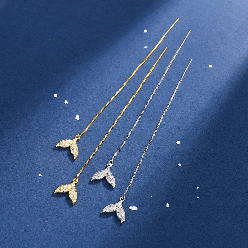 925 Silver Needle Tassel Chain Zircon Mermaid Tail Drop Earring For Women Hanging Party Jewelry Gifts eh1441