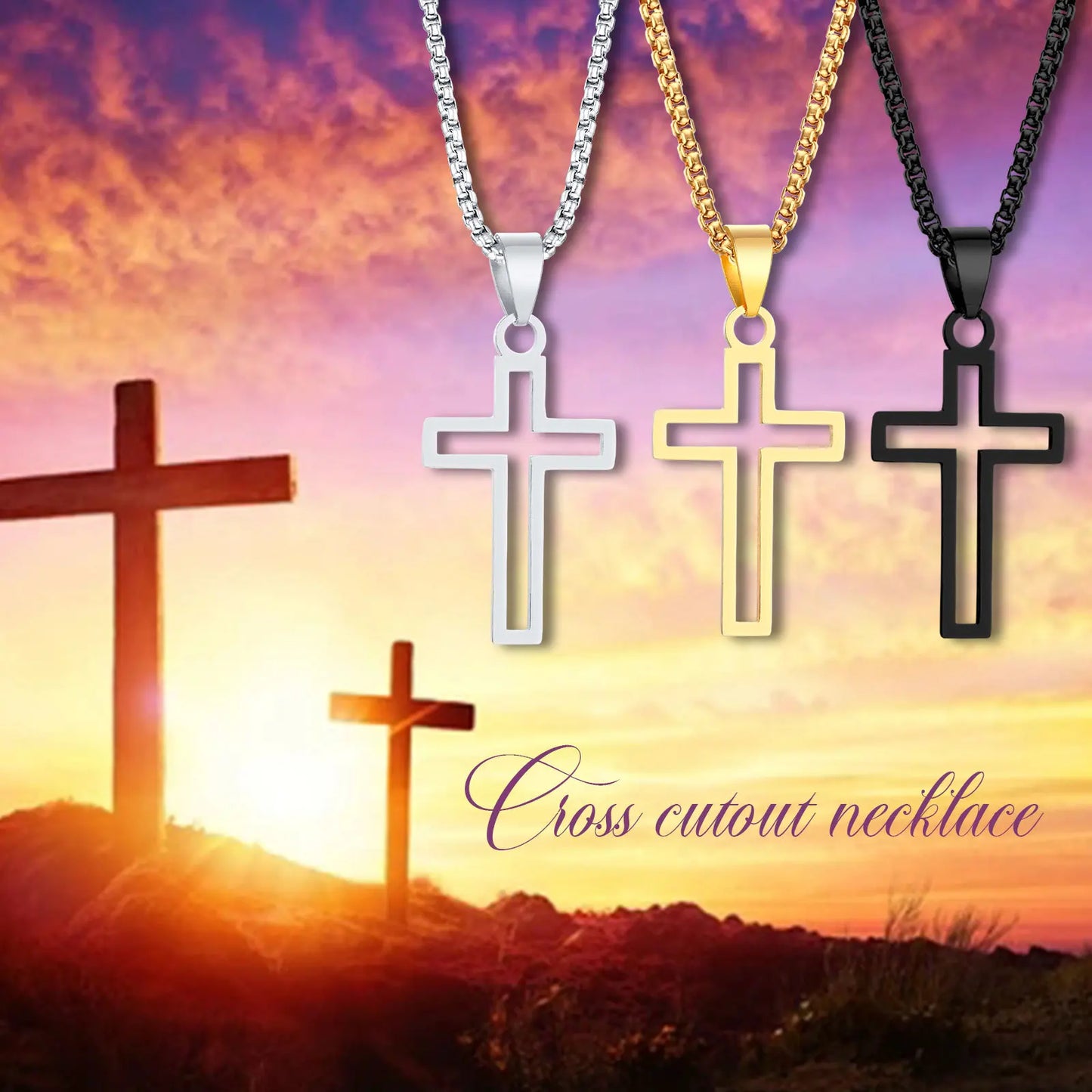 Mprainbow Mens Cutout Cross Necklaces,Waterproof Stainless Steel Hollow Cross Pendant Collar,Religious Faith Christ Gift Jewelry
