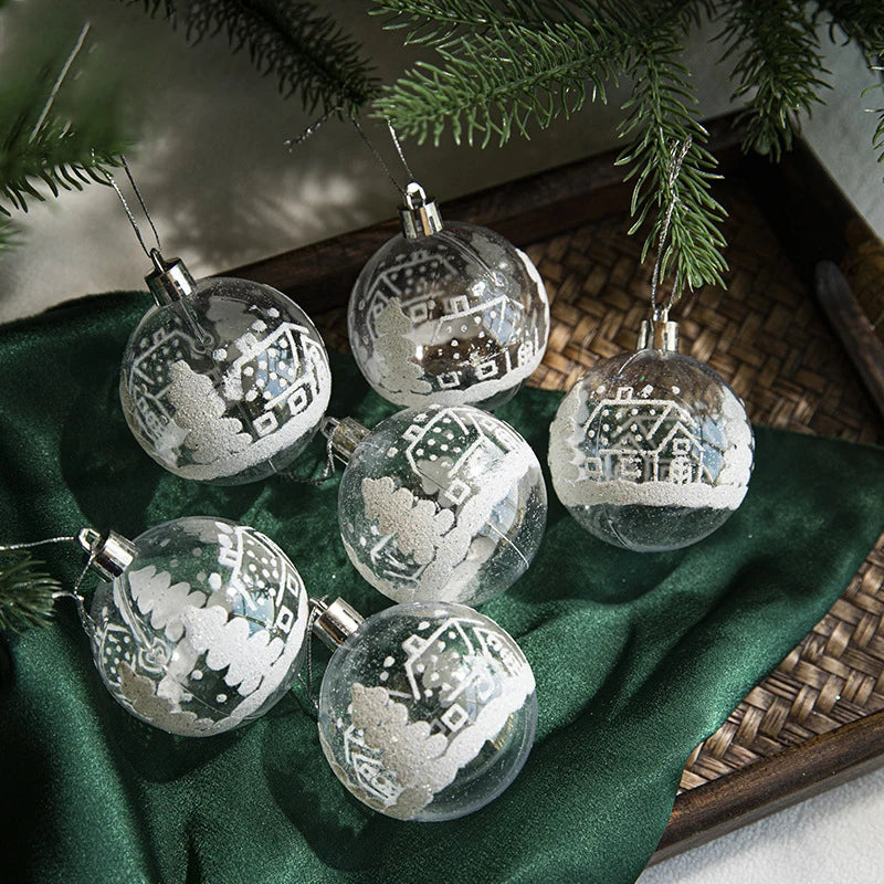 6 Stück 6 cm transparente Schneeball-Weihnachtskugeln Anhänger für Weihnachtsbaumschmuck Klare Kugeln Hängende Ornamente Weihnachten Navidad