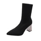 Comemore Women's Dress Pointed Mid-heeled Short Ankle Boot Female Autumn 2023 2024 Knitted Block Low Heel High Socks Boots Shoes