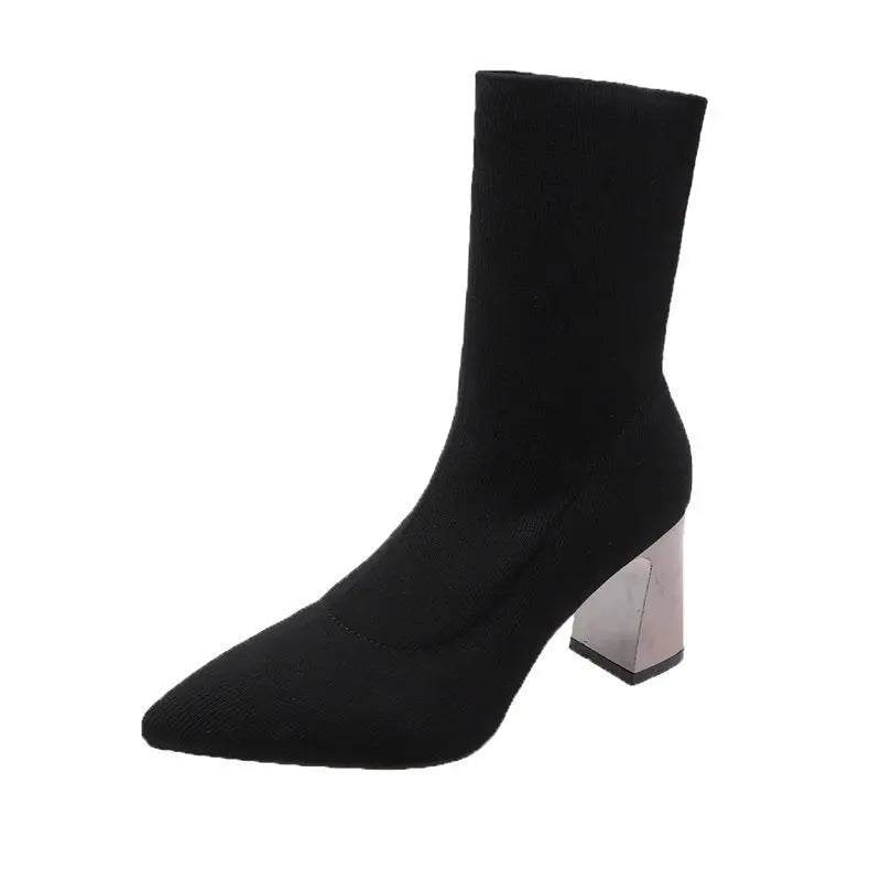 Comemore Women's Dress Pointed Mid-heeled Short Ankle Boot Female Autumn 2023 2024 Knitted Block Low Heel High Socks Boots Shoes