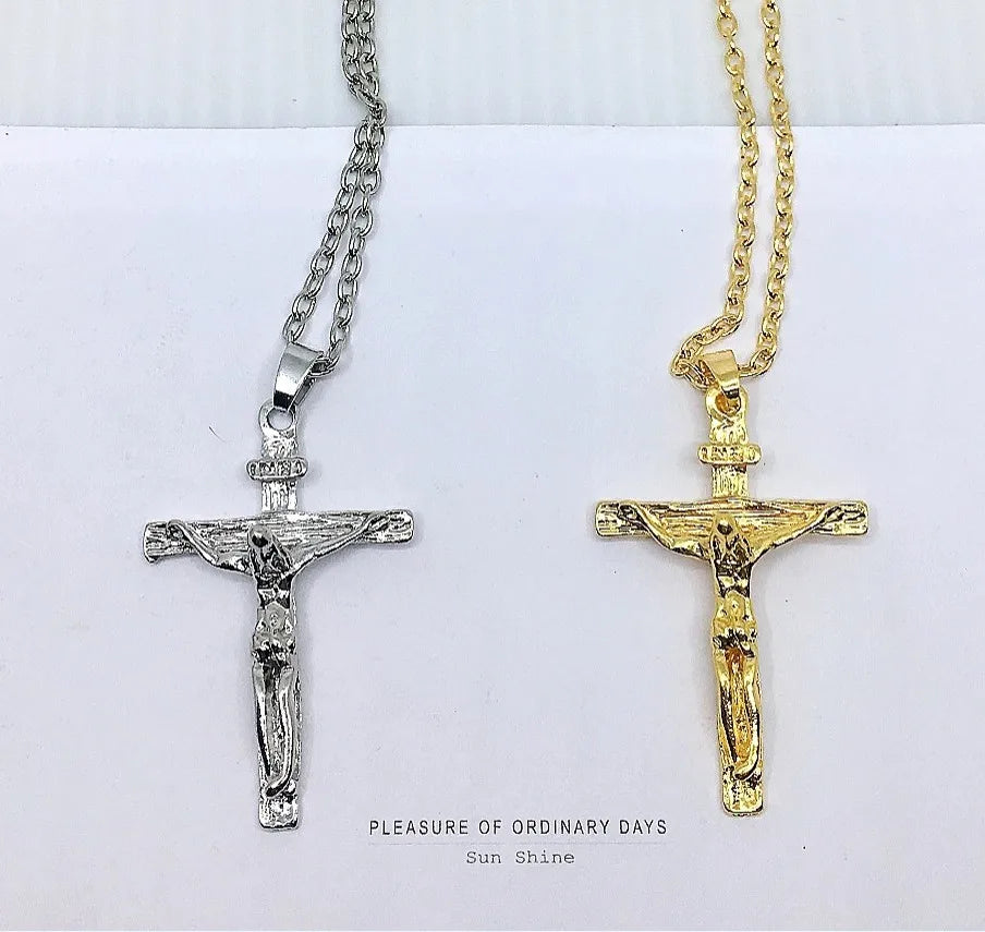 Mode Kruzifix Jesus Christus Herrenschmuck Gold Braun Silber Farbe Metall Kreuz Anhänger mit Halskette Halsketten für Damen