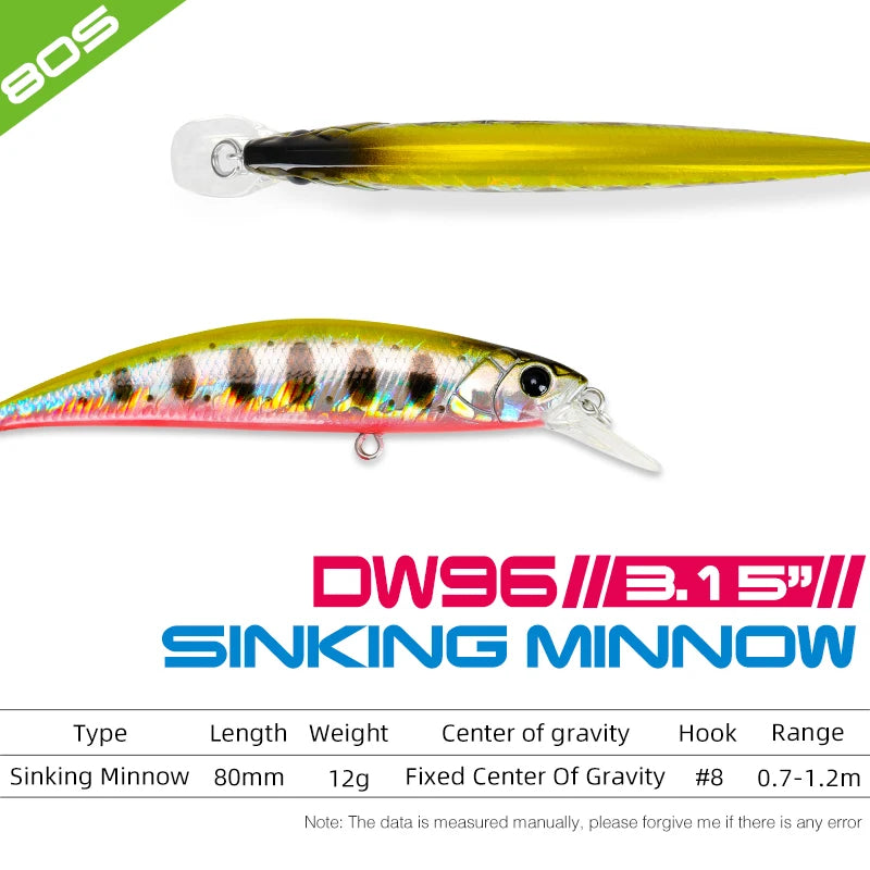 TSURINOYA 80S 12g Sinking Minnow Fishing Lure DW96 8cm Large Trout Pike Rockfish Hard Bait Jerkbait Freshwater Saltwater Wobbler