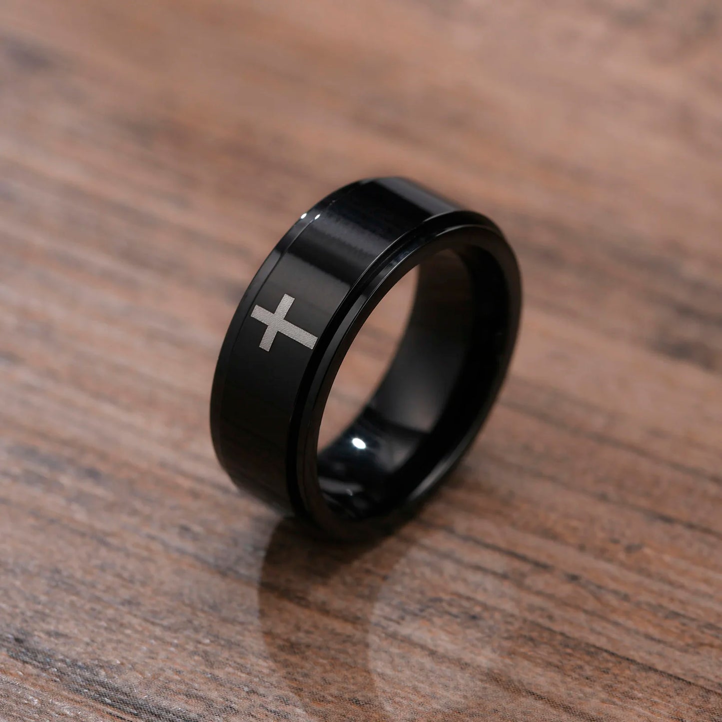 Vnox Spinner Kreuzring für Herren, schwarzer Edelstahl drehbarer Stressabbau-Fingerband, Jungen Christus Jesus Religion Ring