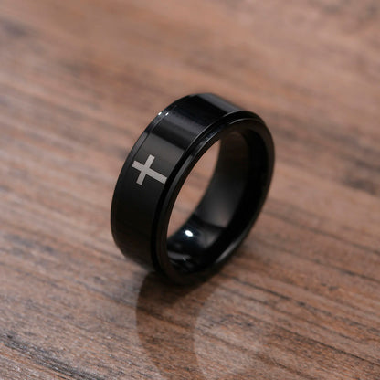 Vnox Spinner Kreuzring für Herren, schwarzer Edelstahl drehbarer Stressabbau-Fingerband, Jungen Christus Jesus Religion Ring