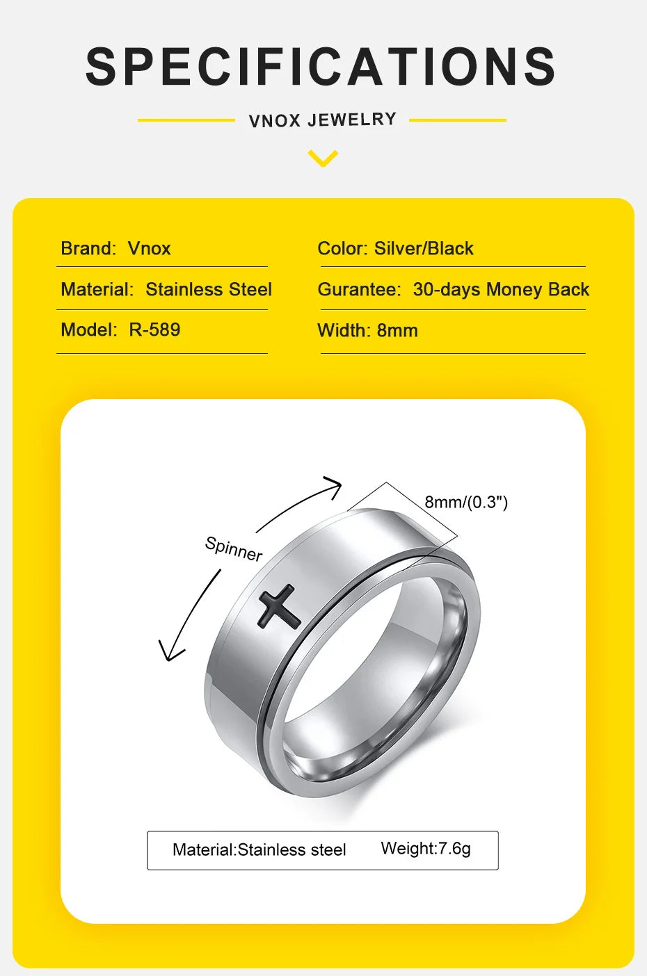 Vnox Spinner Kreuzring für Herren, schwarzer Edelstahl drehbarer Stressabbau-Fingerband, Jungen Christus Jesus Religion Ring