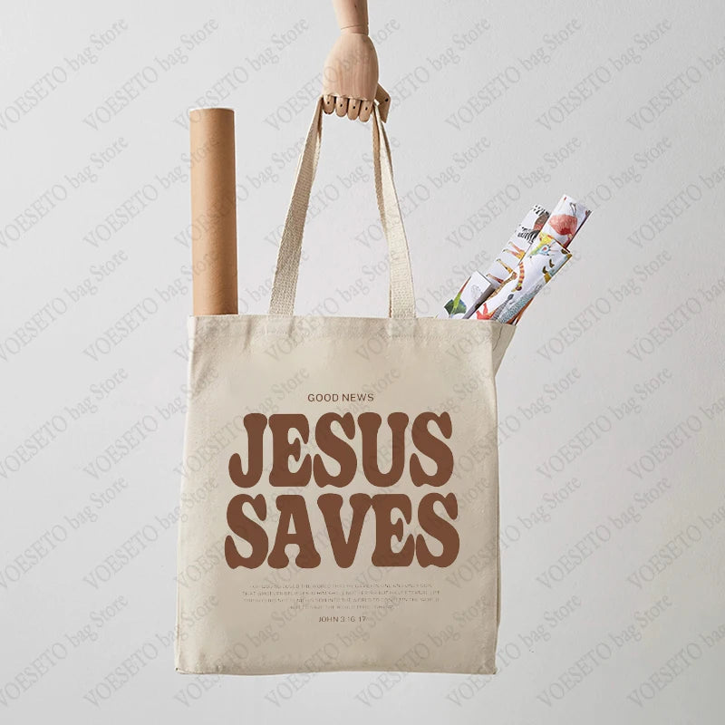 Cood News Jesus Saves Muster Leinwand Schulter Tote Bag Lässig Einkaufstasche Christus Religion Christlicher Glaube Shopper Handtasche