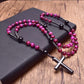 Tiger Eye Stone Bead & Hematite Cross Pendant Necklace for Men Women Catholic Christ Rosary Cross Pendant