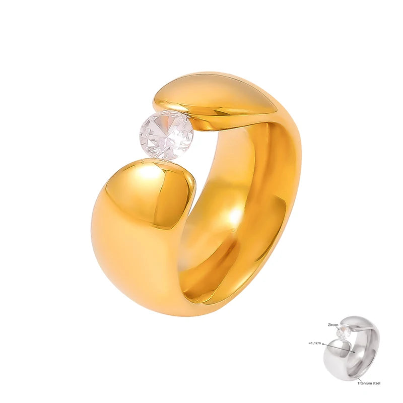 Trendy Stainless Steel Round Rings For Women Zircon Wedding Bands Women Finger Gold Silver Color Chunky Rings Waterproof Jewelry