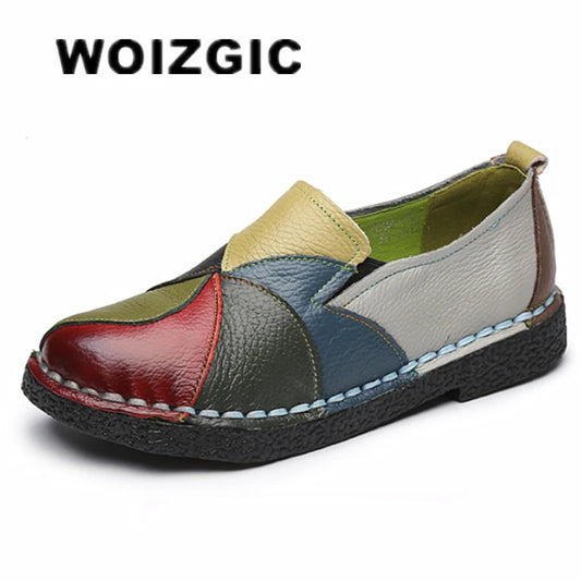 WOIZGIC Damen Damenschuhe Frauen Mutter Schuhe Flats Echtes Leder Loafers Mokassins Gemischt Farbenfroh Rutschfest Plus Größe 42