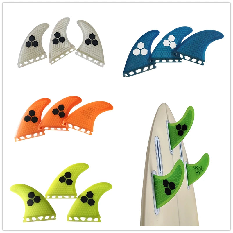 Surfbrett Flossen Set Tri Finnen UPSURF Future S/M/L Honeycomb Fiberglas Orange/Gelb/Blau/Grau/Grün mit schwarzem Logo Funboard Finnen