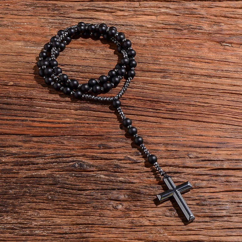 8mm Natursteinperlen Hämatit Kreuzanhänger für Herren Damen Katholische Christus Rosenkranz Kreuzanhänger Halskette Dropshipping