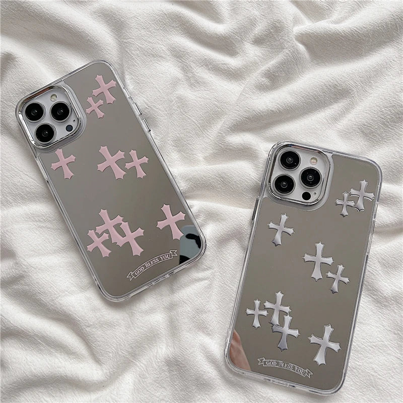 Luxury Makeup Mirror Jesus Christ Cross Phone Case For iPhone 11 13 12 14 Pro Max iPhone 15 pro max cases Cute Hard Back Cover
