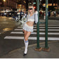 Damen Koreanische Y2k Gyaru Outfits 2-teiliges Set Patchwork Langarm Cropped Hoodie + Lange Freizeithose mit Gummizug im Baggy-Stil