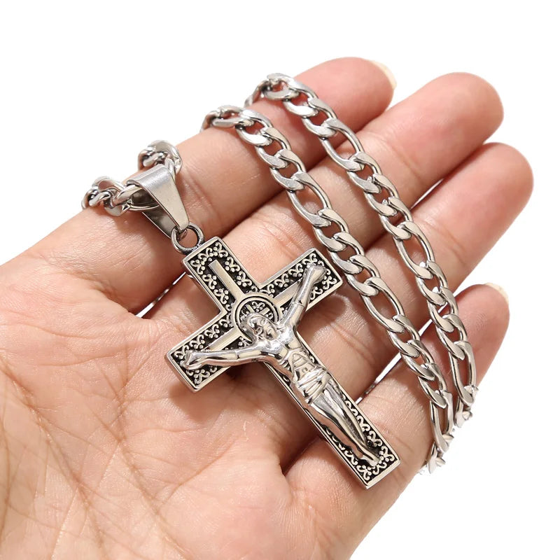 316L Edelstahl Charm Mode Kruzifix Jesus Kreuz Halskette Anhänger Mehrlagige Jesus Christus Kruzifix Halsketten 24''