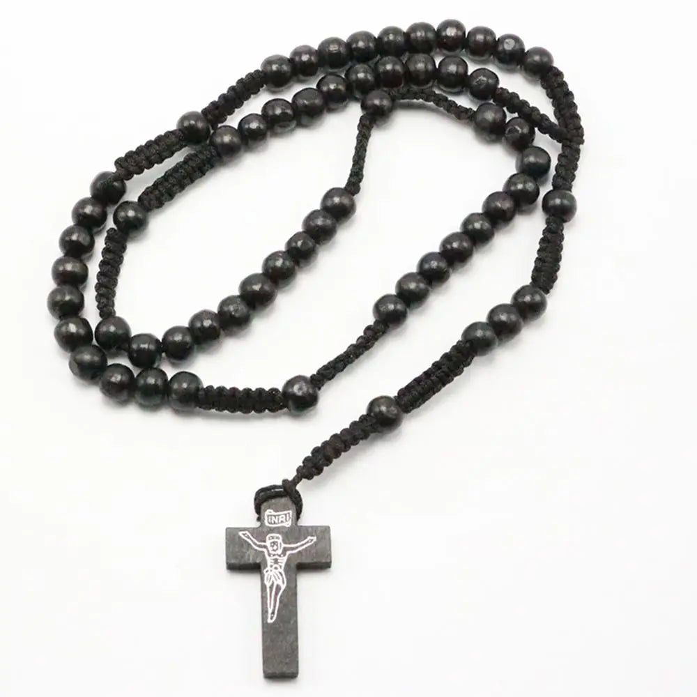 Christus Jesus Holzperlen 8mm Rosenkranz Perle Kreuz Anhänger Geflochtene Seilkette Halskette Religiöse Orthodoxe Gebets Schmuckkette Dekor
