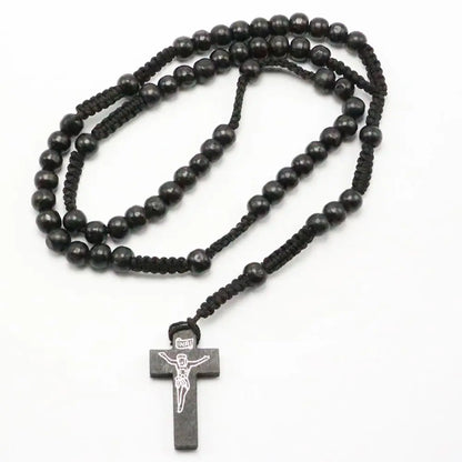 Christus Jesus Holzperlen 8mm Rosenkranz Perle Kreuz Anhänger Geflochtene Seilkette Halskette Religiöse Orthodoxe Gebets Schmuckkette Dekor