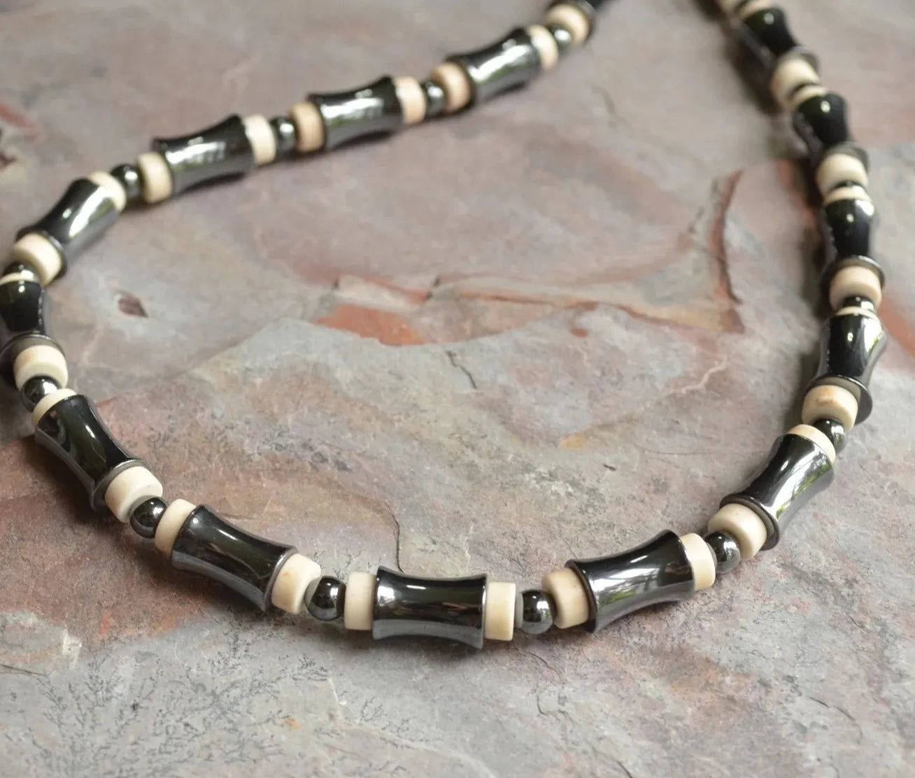 Men's Necklace Natural Coconut Pearls, Heishi Pearls in White Natural Shell and Black Wood  Beaded Surfer Necklace
