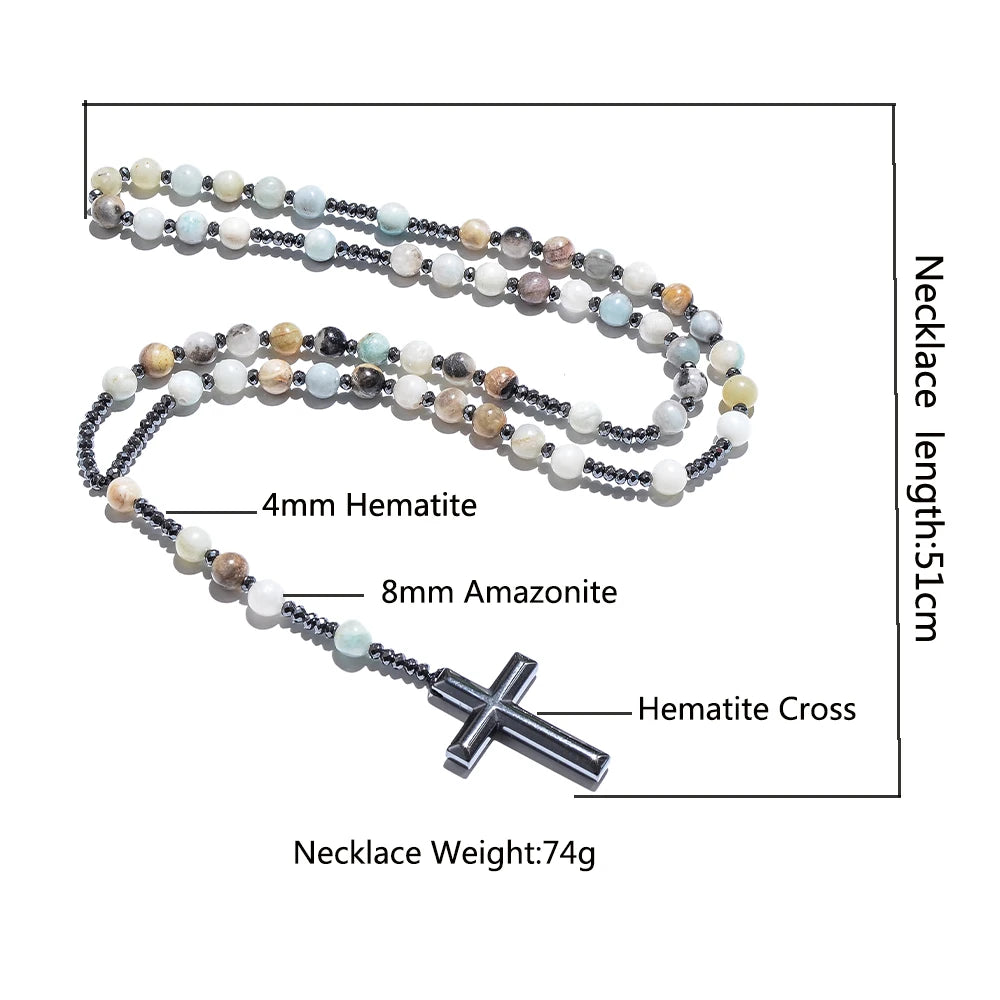 8mm Natursteinperlen Hämatit Kreuzanhänger für Herren Damen Katholische Christus Rosenkranz Kreuzanhänger Halskette Dropshipping