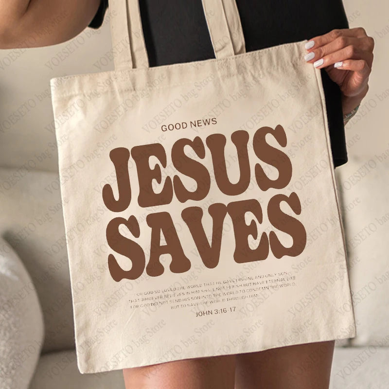 Cood News Jesus Saves Muster Leinwand Schulter Tote Bag Lässig Einkaufstasche Christus Religion Christlicher Glaube Shopper Handtasche