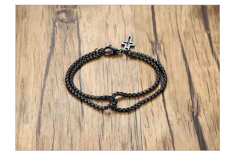 Vnox Einfache, geschichtete 3mm Rolo-Kettenarmbänder für Herren, rundes Kettenglied mit Kreuz-Anhänger, Armband, Christusgebet, Vintage-Freizeitgeschenk