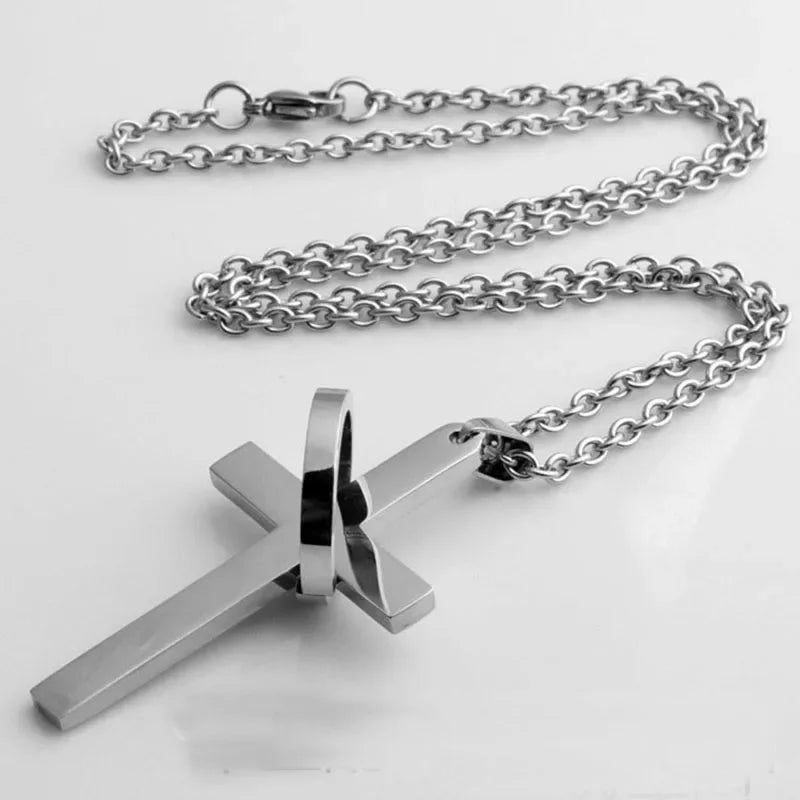 Schlichte Kreuzkette mit Kreis Anhänger Edelstahl Halskette Christ Kreuz Halskette für Herren Jungen Coole Halskette Collier
