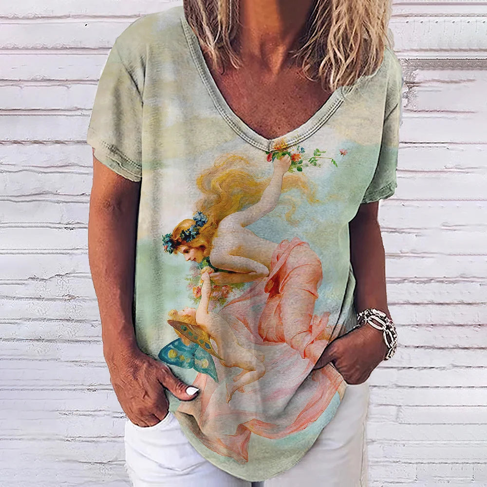 3D Printed T Shirts for Women Summer V-Neck Short Sleeved Tee Vintage Jesus Christ Women's T-Shirt Casual Streetwear Top Shirt