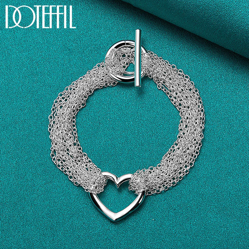 DOTEFFIL 925 Sterling Silver Multi-Line Chain Heart Necklace Bracelet Network Ring  For Women Wedding Engagement Party Jewelry