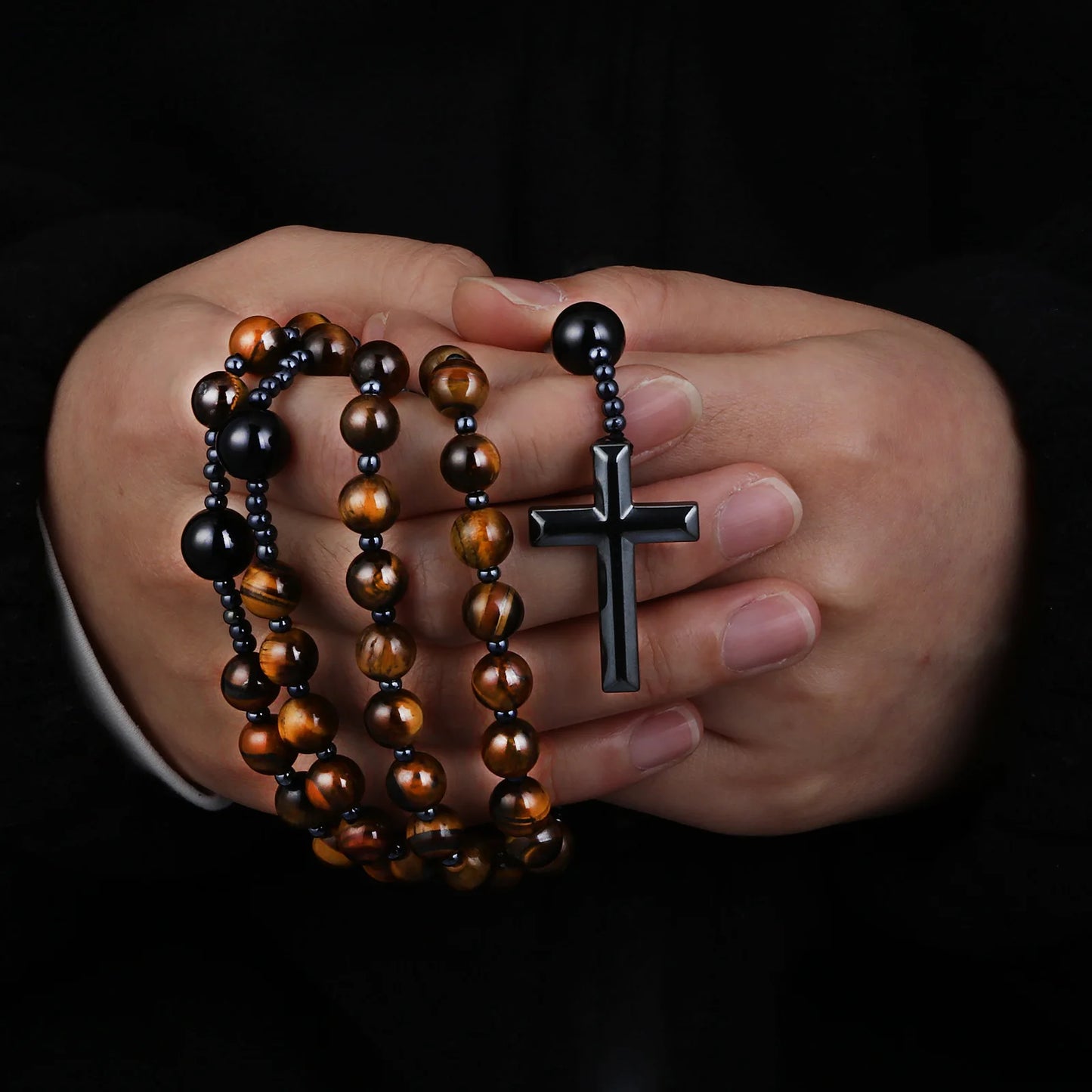 Catholic Natural Tiger Eye Stone Black Agate Rosary Beads Necklace Hematite Cross Pendant Necklace Women Men Christ Mala Jewelry