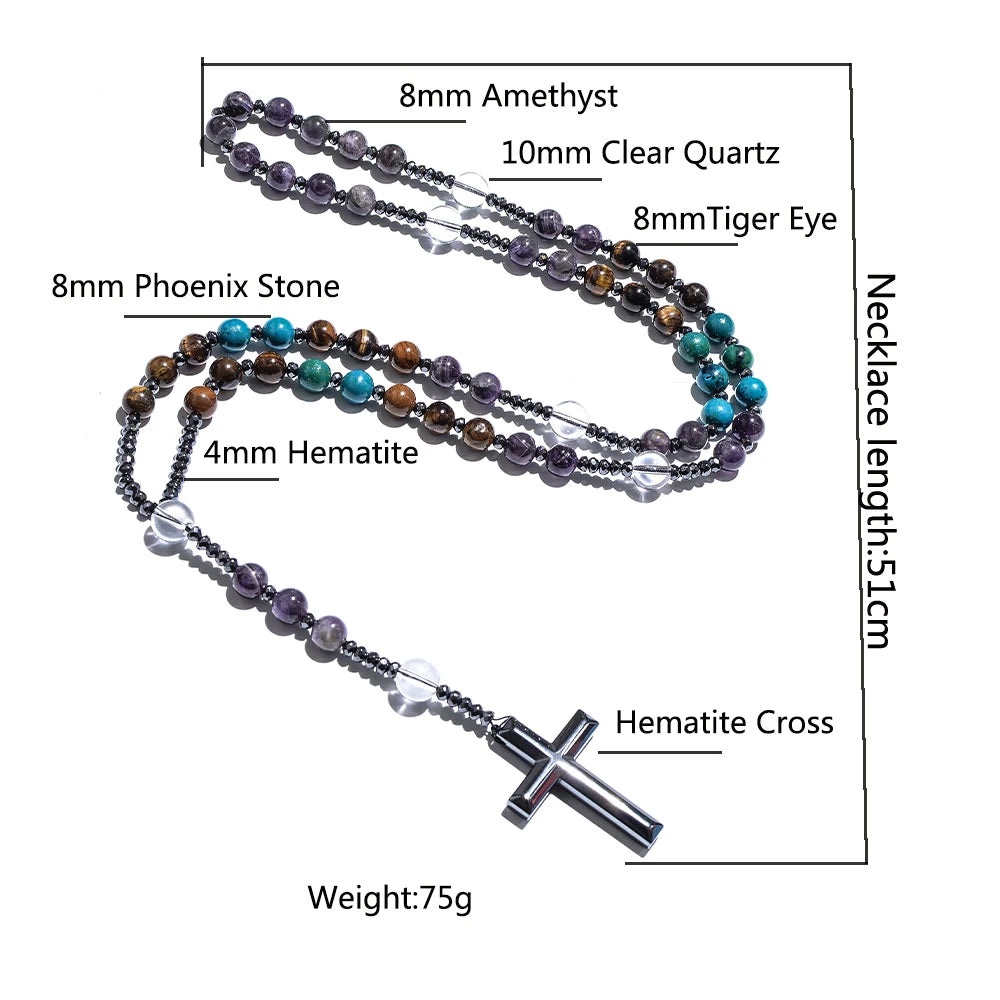 8mm Natursteinperlen Hämatit Kreuzanhänger für Herren Damen Katholische Christus Rosenkranz Kreuzanhänger Halskette Dropshipping