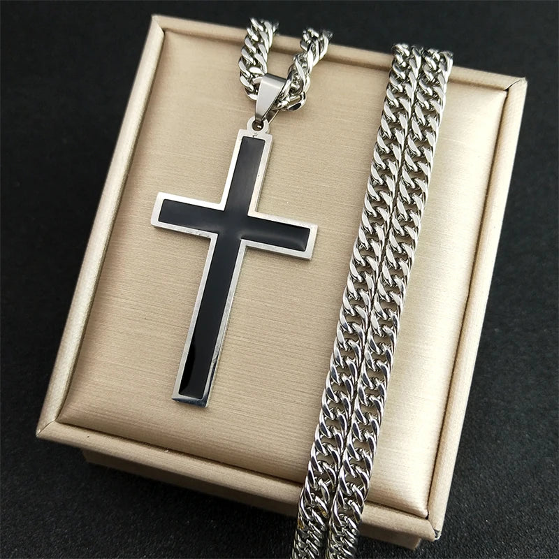 Punk Hip Hop Schwarzes Kreuz Anhänger Halskette für Frauen Männer Edelstahl Goldfarbe Männlich Jesus Christus Kette Schmuck Colar N8236S0